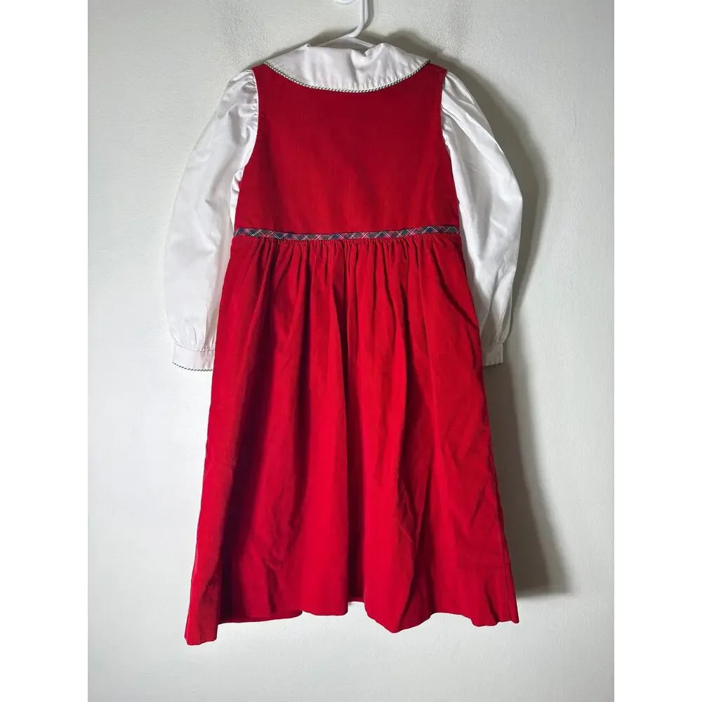 Girls Vintage Red Corduroy Dress with White Blouse Covered buttons Sz 5